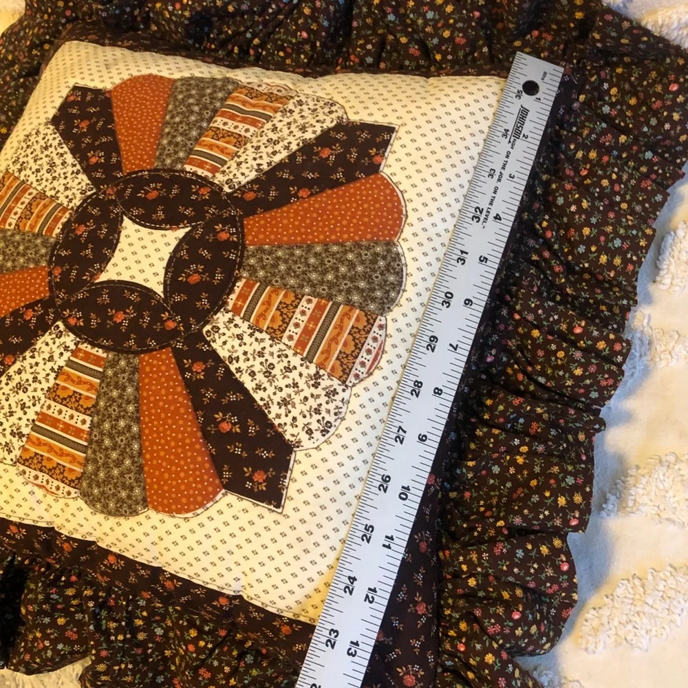 Vintage 70s Patchwork Quilted Ruffled Throw Pillow Cottage Grannycore